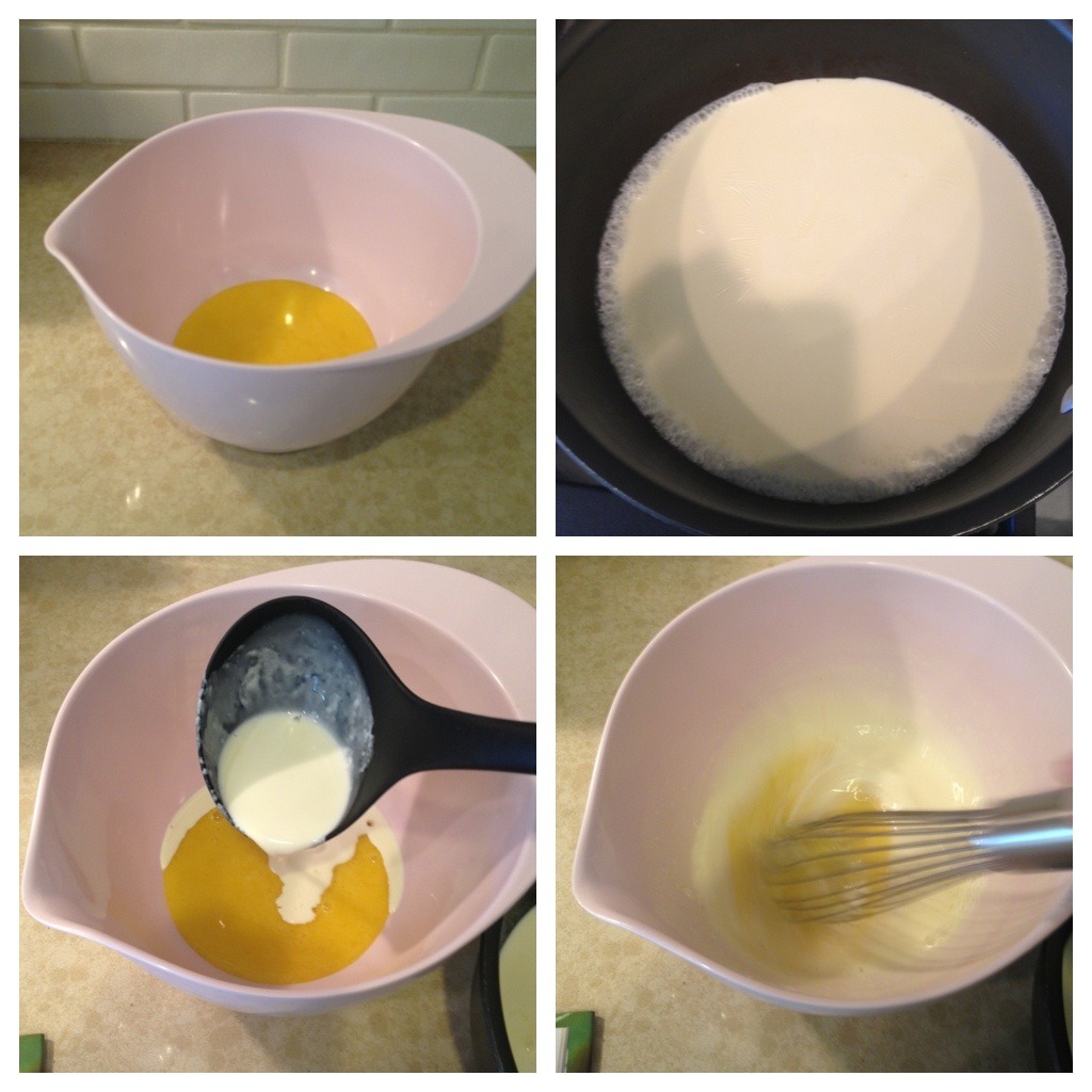 Four pink bowls showing the pgrogressing of tempering Orange Vanilla Creme Brûlée