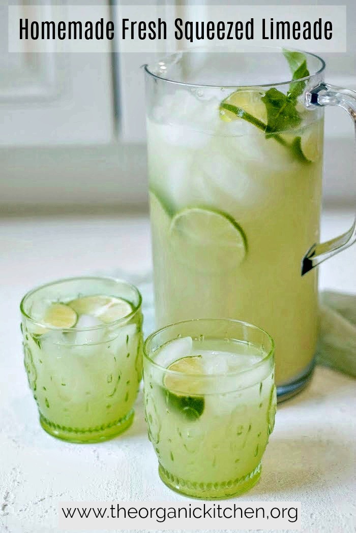 A pitcher and two glasses of Homemade Fresh Squeezed Limeade with Natural Sugar Free Option! 
