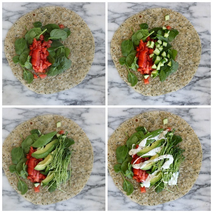 A collage depicting the steps taken to make a Veggie Wrap~ Five Minute Lunch