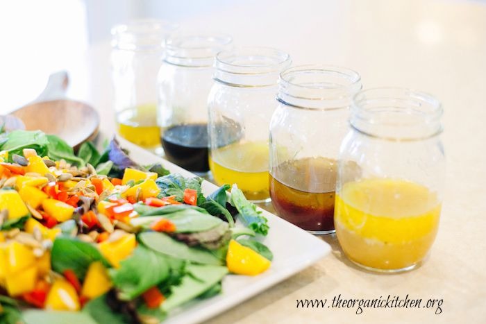 My Five Favorite Summer Salad Dressings next to a green salad