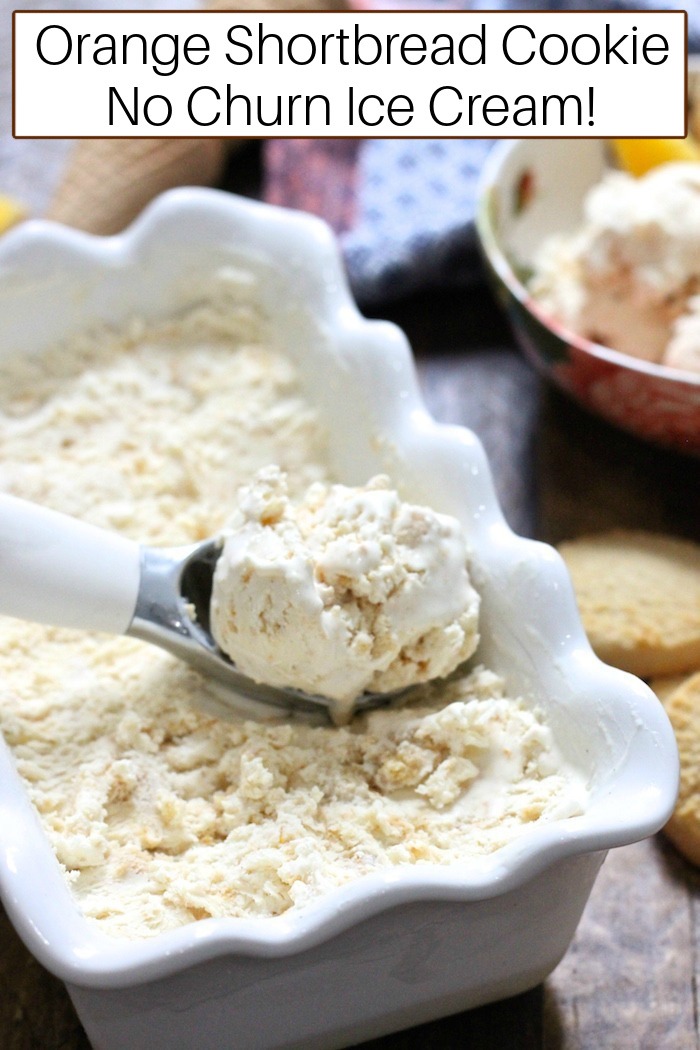 Orange-Shortbread Cookie 'No Churn' Ice Cream in a white dish with ice cream scooper