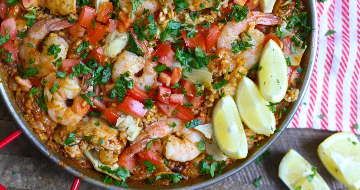 Authentic Spanish Seafood Paella Recipe Paella Valenciana with Chicken Chorizo and Shrimp The 