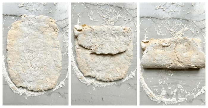 Three pictures depicting dough being folded into thirds