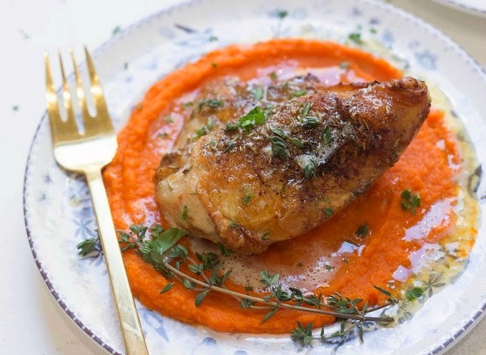 Herbed Chicken Breast with Carrot Purée and Brown Butter