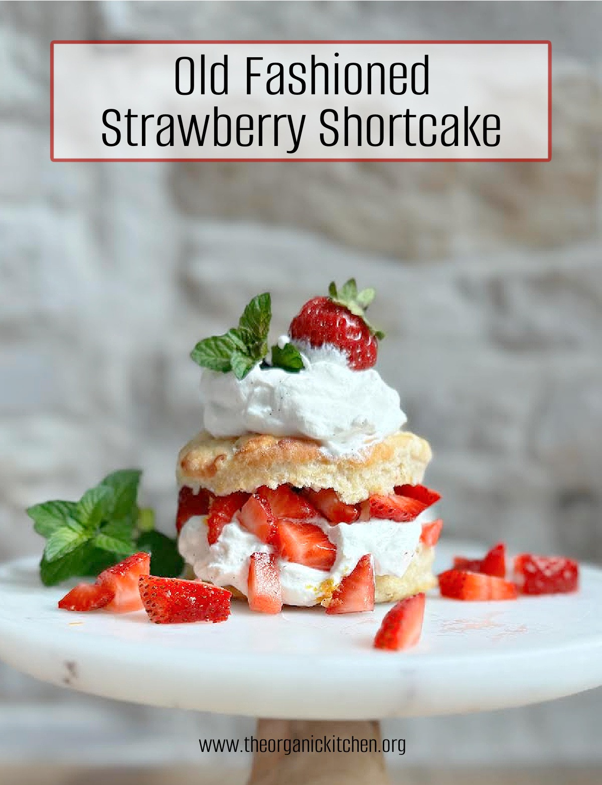 Old Fashioned Strawberry Shortcake with mint leaves on white plate in front of stone wall