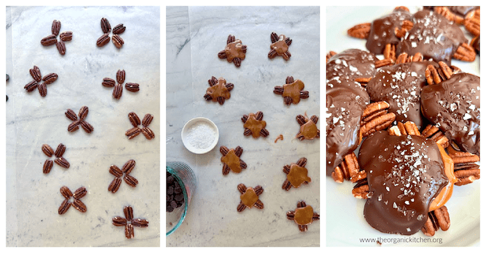 A series of three photos depicting how to make Easy Caramel Turtles: a photo of pecans on wax paper, pecans with caramel on top, and finished with chocolate and sea salt